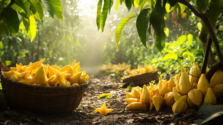 Ripe yellow carambola fruits in a basket on the ground