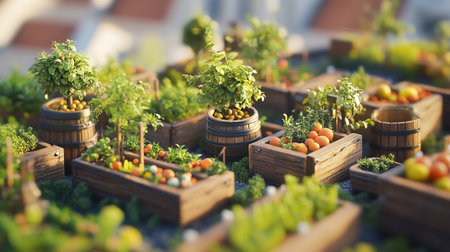 Miniature garden with vegetables and fruits in wooden boxes. 3d illustration