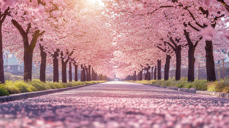 Cherry blossoms in full bloom along a country road in springの写真素材