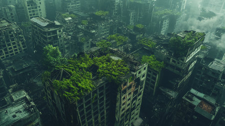 Aerial view of skyscrapers and green trees in a foggy city