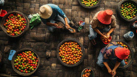 Top view of a group of farmers harvesting fresh tomatoes in a basket.
