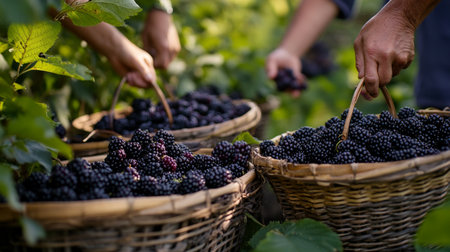 Farmer harvesting blackberries in the vineyard. Selective focus.