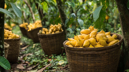 Cocoa fruit in the basket on the farm, Thailand.