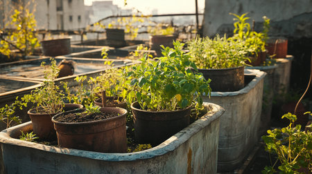 Tomato seedlings in pots on the terrace of a greenhouse