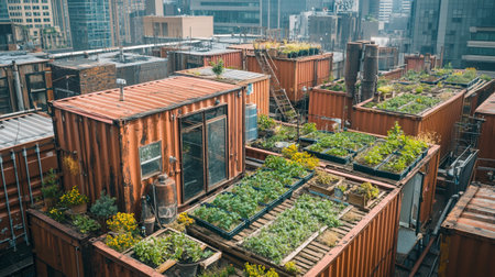 Cargo containers with flowers and plants.の写真素材