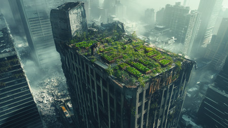 Aerial view of the city with green plants growing on the roof.