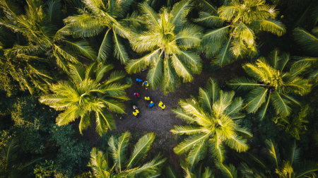 Aerial view of palm trees in tropical forest. Drone photo.
