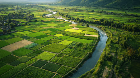 Aerial view of green rice field and river in the morning.