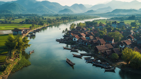 Panoramic view of river and village in the countryside of Vietnam