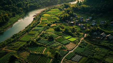 Aerial view of a lush green farm with a river running alongside it.
