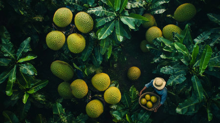 Top view of young jackfruits in a basket on the farm.