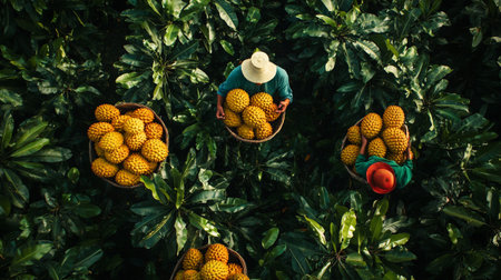 Top view of Asian farmer holding basket of durian in the garden