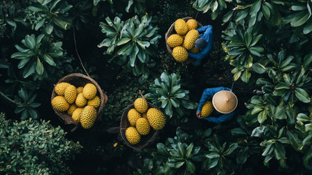 Top view of Thai fruit in the basket on green leaves background.