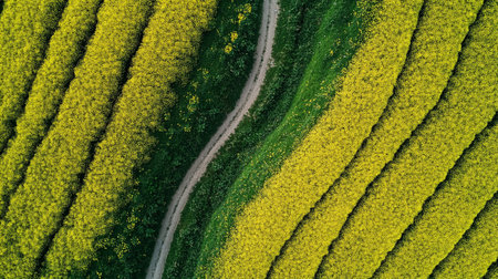 Aerial view of a winding road through a rape field in Poland