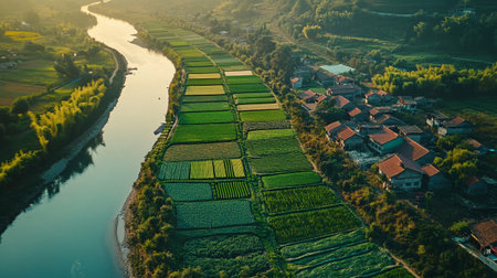 Aerial view of small village on the river bank at sunset.
