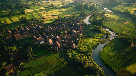 Aerial view of the village and the river in the morning.