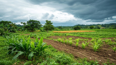 Agricultural field in the countryside with storm clouds, Thailand.