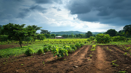 Pepper farm in the morning with stormy sky, Thailand.