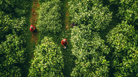 Aerial view of farmer harvesting coffee beans on plantation in morning.