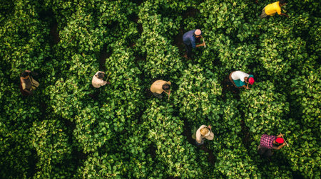 Aerial view of farmer working in coffee plantation. Top view of people working in coffee plantation.