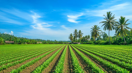 Cultivated corn field with coconut trees and blue sky background.