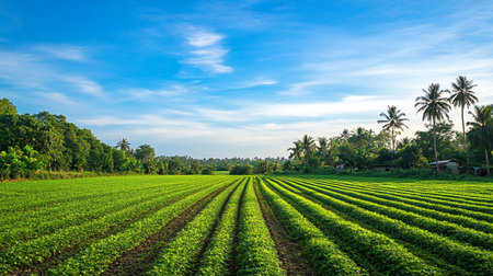 Green soybean field with blue sky and white clouds, agriculture background