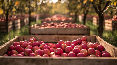 Organic apples in a wooden box in an orchard ready to be harvested
