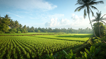 Panorama of rice field with coconut trees and blue sky background.