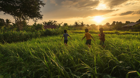 Children playing on rice field at sunset in the countryside of Thailand.