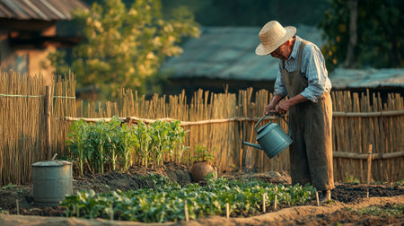 Farmer working in the vegetable garden at sunset time, Thailand.の写真素材