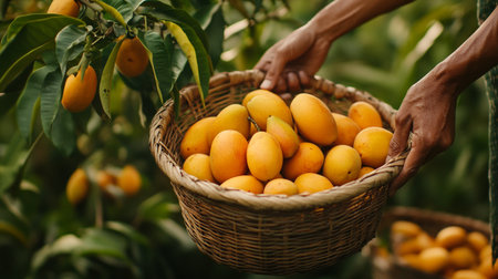 Farmer holding a basket full of fresh ripe mango fruits in the garden