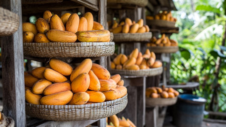 Ripe mango fruit in the basket on the shelf, Thailand.
