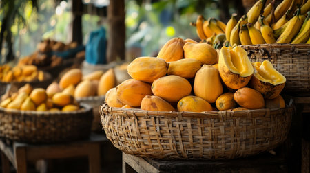 Ripe yellow papaya fruit in basket on wooden table, Thailand.
