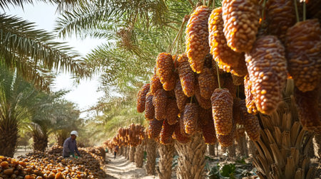 Dried dates hanging on a palm tree in Morocco, Africa.
