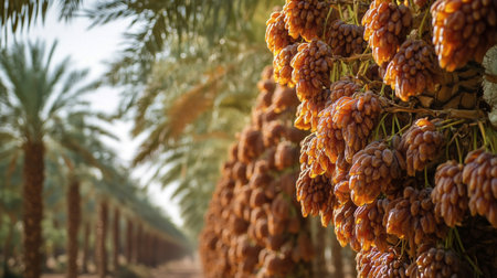Fruits of date palm in a row on a sunny day.