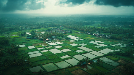 Aerial view of rice fields and village in Bali, Indonesia