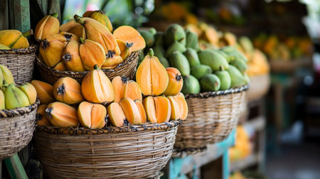 Ripe tropical fruits in basket on the street market, Thailand.