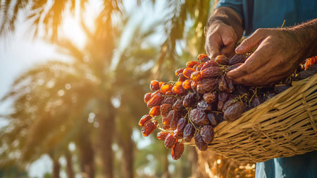 Dates fruit in a basket in the hands of a farmer.
