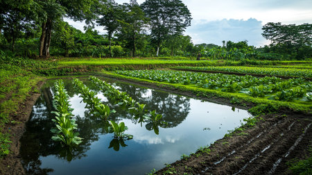 vegetable garden with water reflection in the paddy field.