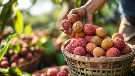 Close-up of a hand holding a basket full of fresh lychees