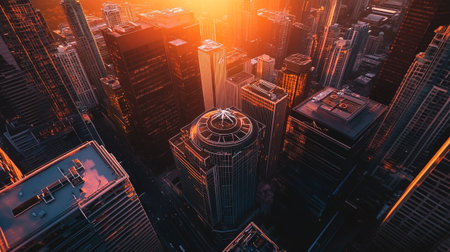 3D rendering of skyscrapers in a big city at sunset
