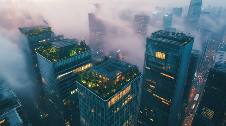 Aerial view of skyscrapers in the fog at night.