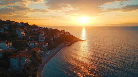 Aerial view of Adriatic Sea and Budva town at sunset, Montenegro