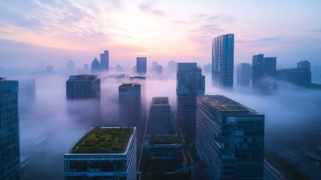 Aerial view of foggy and foggy morning in Shanghai, China