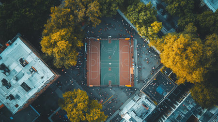 Aerial view of a playground in the city. Top view
