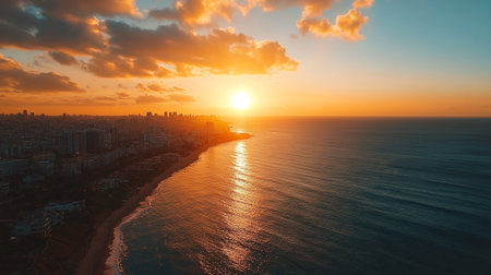 Aerial view of beautiful sunset over the sea and the city.