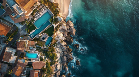 Aerial view of luxury villas on the beach in Bali, Indonesia