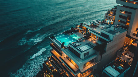Aerial view of a modern building in the middle of the sea