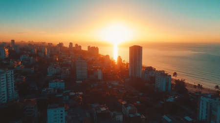 Aerial view of sunset over the sea and the city. Drone photography.