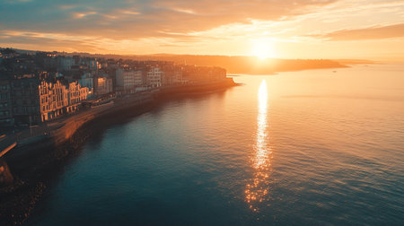 Aerial view of a coastal city at sunset.